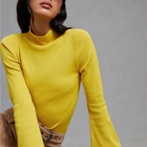 Maeve by Anthropologie Arlowe Long Bell Sleeve Yellow Sweater Size M Mockneck
